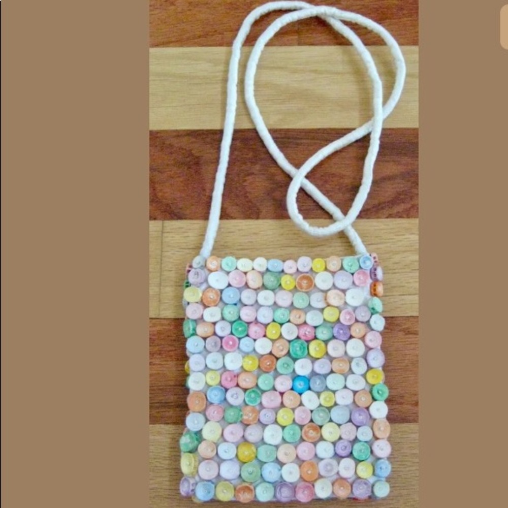 VINTAGE 1980s TROPICAL CROSSBODY ENVELOPE BAG PASTEL SHELLS BONES BEADS BEACH